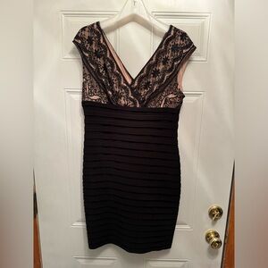 Adrianna Papell Sheath Lace Banded Dress Black Biege Size 14P
